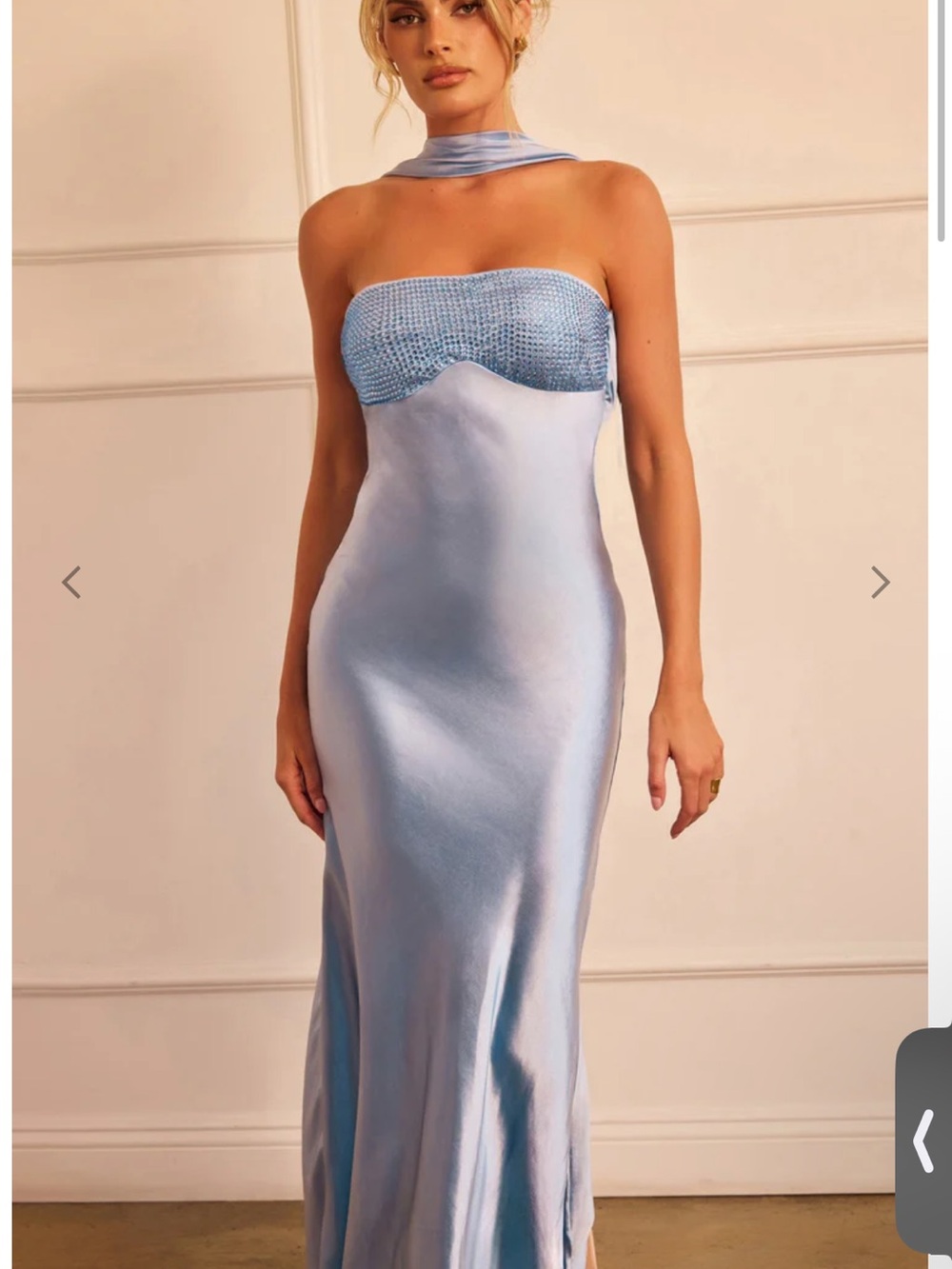 Elegant Light Blue Strapless Satin Gown with Embellished Bust